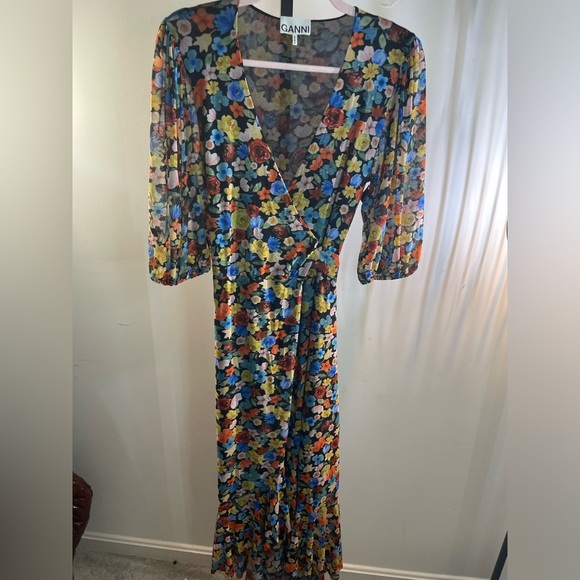 Ganni || Floral Print Mesh Midi Wrap Dress, Size 38 (medium) worn once - Picture 5 of 10